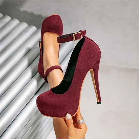 Big Size 36-47 Soft Flock Office Shoes Women Pumps 2026 Buckle Round Toe Super High Heels 14.5CM Sexy Platform Party Shoes Woman PlatiNum