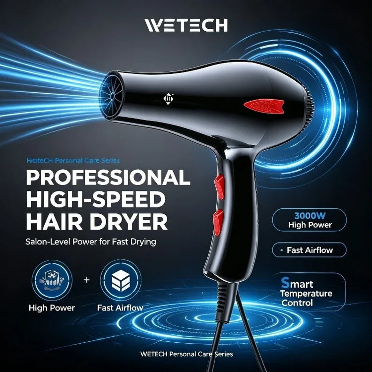 WETECH W1111 Professional Hair Dryer 3000W High Power Blow Dryer Adjustable Temperature & Wind Speed With 2Pcs Concentrator Nozzles AC100-240V Universal Voltage Salon Home Hair Styling Tool