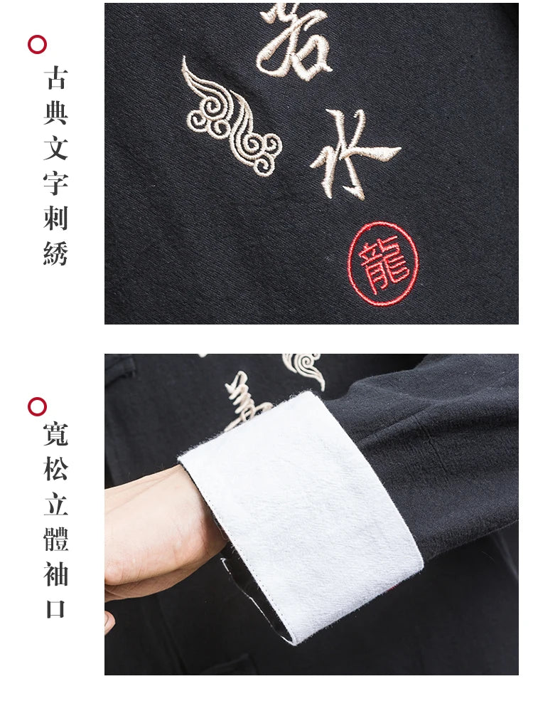 Camicie a maniche lunghe da uomo Ricamo tradizionale in cotone e lino Casual Tang Suit Cardigan da uomo Camicette Kung Fu retrò stile cinese da uomo