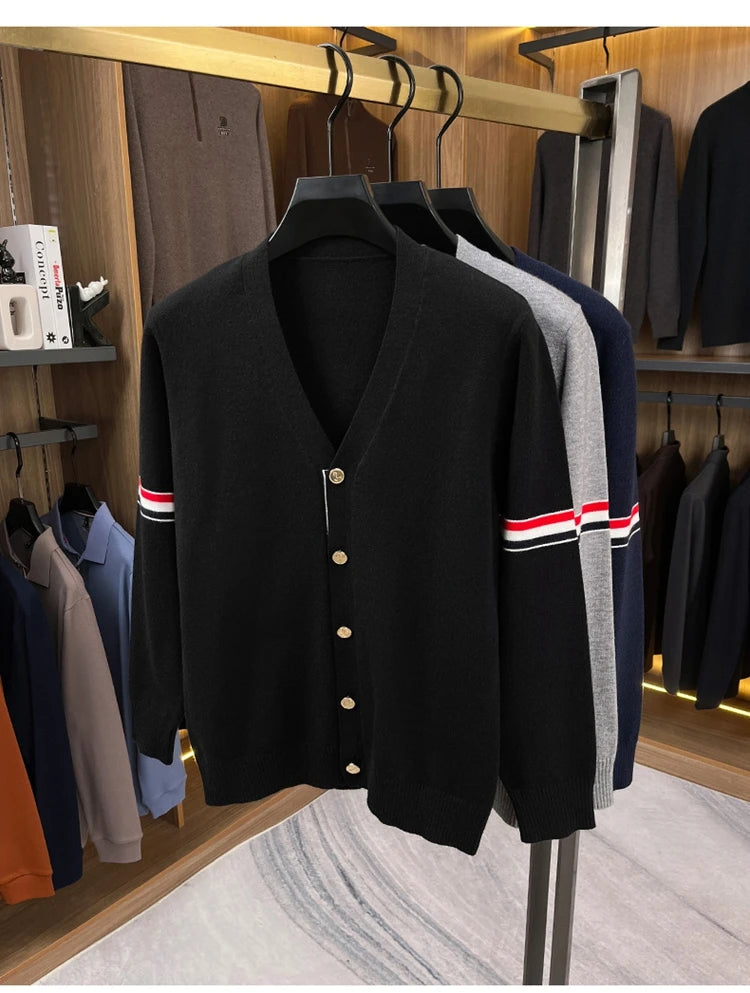 High End Brand Knitted Cardigan Men's Autumn Trend Color Blocked Striped Designer New shawl Korean Casual V-Neck sweater Coat