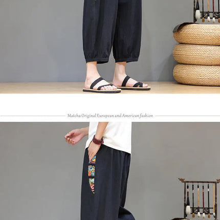 Pantaloncini estivi da uomo Pantaloni casual traspiranti in cotone Pantaloni larghi tradizionali retrò streetwear al polpaccio Pantaloncini comodi da uomo