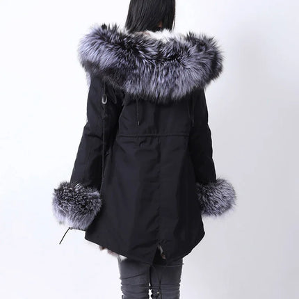 Winter Long Jacket Real Fur Coat Women Clothes Large Silver Fox Fur Collar Detachable Natural Fox Lining Parkas Leather Fur