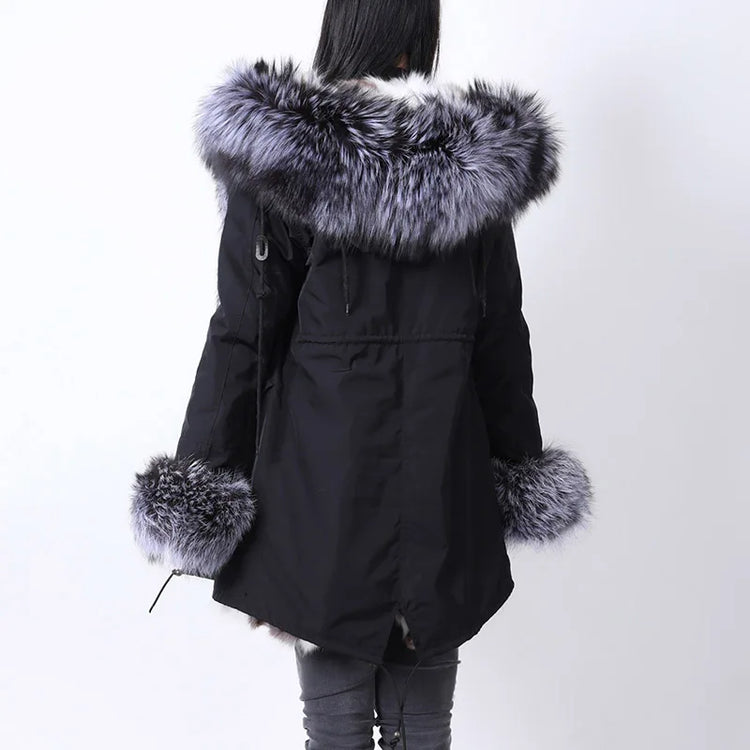 Winter Long Jacket Real Fur Coat Women Clothes Large Silver Fox Fur Collar Detachable Natural Fox Lining Parkas Leather Fur