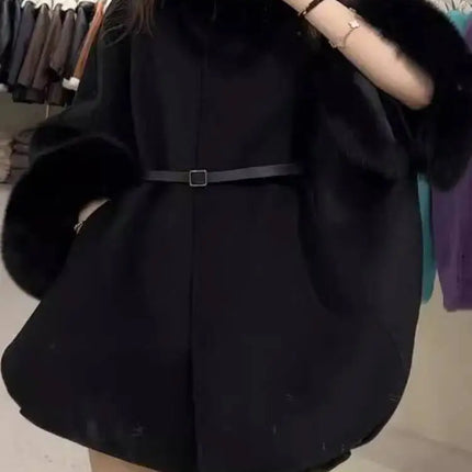 UCXQ Korean Style Two Sided Cloak Overcoat For Women Fur Collars Belt Loose Long Coats 2025 Winter New 23Z2284