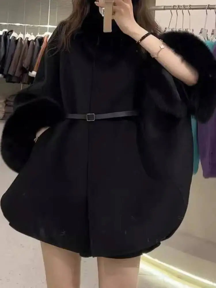 UCXQ Korean Style Two Sided Cloak Overcoat For Women Fur Collars Belt Loose Long Coats 2025 Winter New 23Z2284