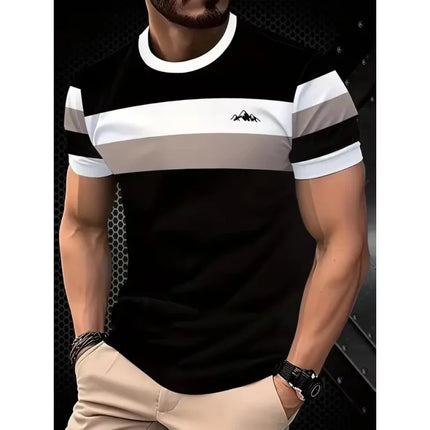 T-shirt con giunture geometriche stampate in 3D per uomo T-shirt con motivo a strisce colorate T-shirt casual estive con o-collo maniche corte larghe