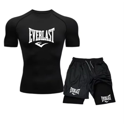 EVERLAST Camicia da Compressione da Uomo + Pantaloncini Sportivi 2 in 1 Set da 2 Pezzi per Il Tempo Libero Respiro Manica Corta Sport Jogging Palestra Marchio di Abbigliamento Stampa platinumshop
