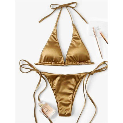 Sexy 13 colori Halter Satin Bikini brasiliano Donna Costumi da bagno Costume da bagno femminile Bikini a due pezzi Bagnante Costume da bagno Swim V4966 platinumshop