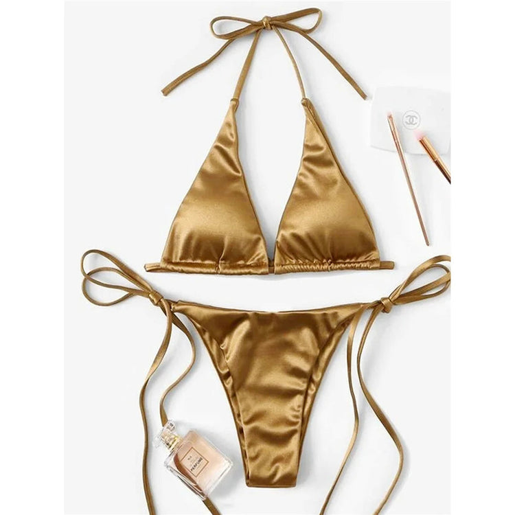 Sexy 13 colori Halter Satin Bikini brasiliano Donna Costumi da bagno Costume da bagno femminile Bikini a due pezzi Bagnante Costume da bagno Swim V4966 platinumshop