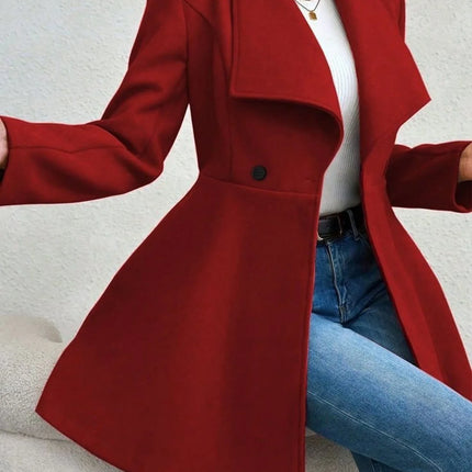 Women's Autumn Winter Yellow Woolen Coat Elegant Lapel Double Button Slim Fit Mid-Length Overcoat Casual Long Sleeve Outerwear F