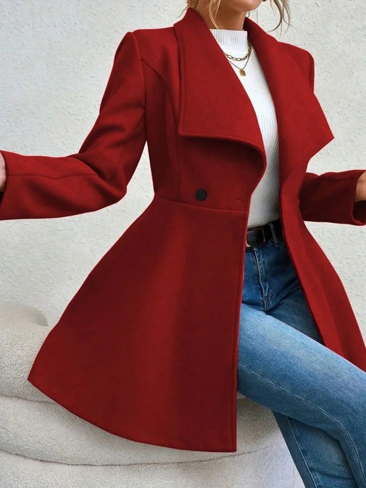 Women's Autumn Winter Yellow Woolen Coat Elegant Lapel Double Button Slim Fit Mid-Length Overcoat Casual Long Sleeve Outerwear F