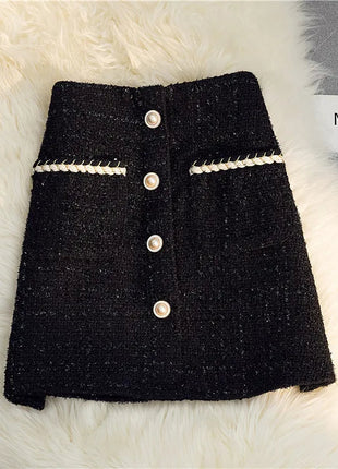 Women's Mid-Length/Short White Black Tweed High-Waist Woolen A-Line Autumn Winter Fragrant Silk Skirt PlatiNum