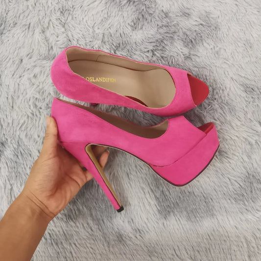 2025 Women Pumps New Fashion 14cm Sexy Peep Toe High Heels Velvet Platform Thin Heel Lady Party Dance Red Wedding Woman Shoes