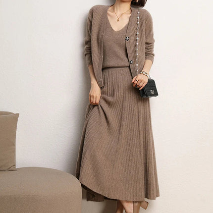 New Chic Pleated Skirts Woman Slimming Umbrellas Autumn Winter 100% Cashmere Knitted Long Skirt Solid Color Basics Woman Clothes PlatiNum