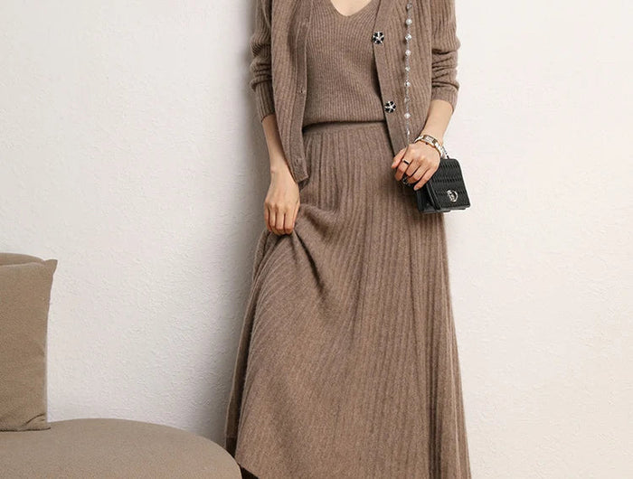 New Chic Pleated Skirts Woman Slimming Umbrellas Autumn Winter 100% Cashmere Knitted Long Skirt Solid Color Basics Woman Clothes PlatiNum