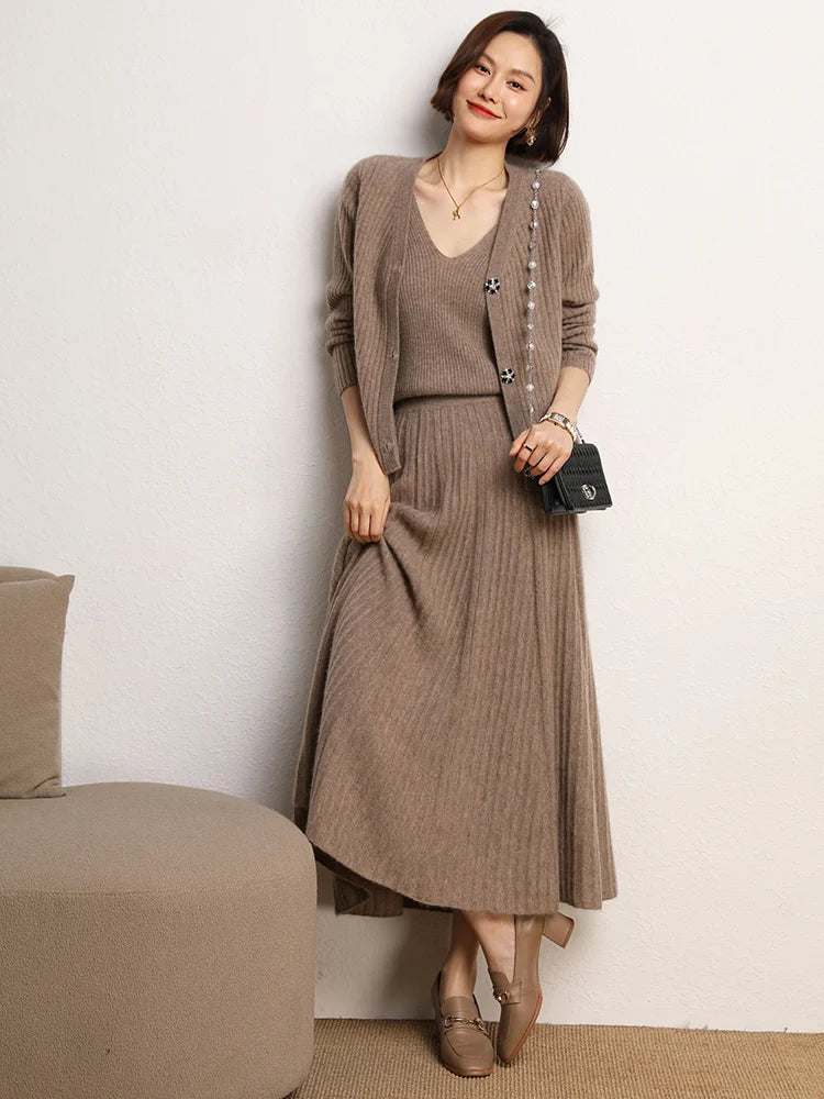 New Chic Pleated Skirts Woman Slimming Umbrellas Autumn Winter 100% Cashmere Knitted Long Skirt Solid Color Basics Woman Clothes PlatiNum