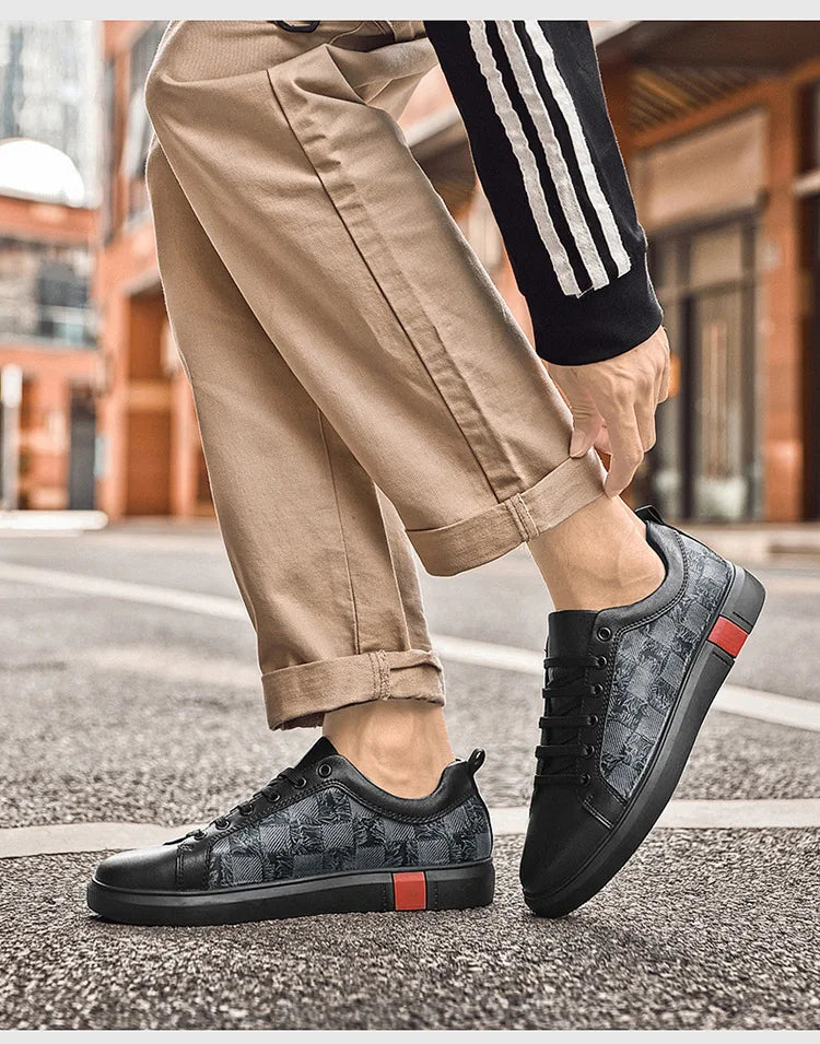 Europe New Shoes for Men Genuine Leather Casual Shoes Cool Black Flat Skateboard Shoes Street Fashion Sneakers