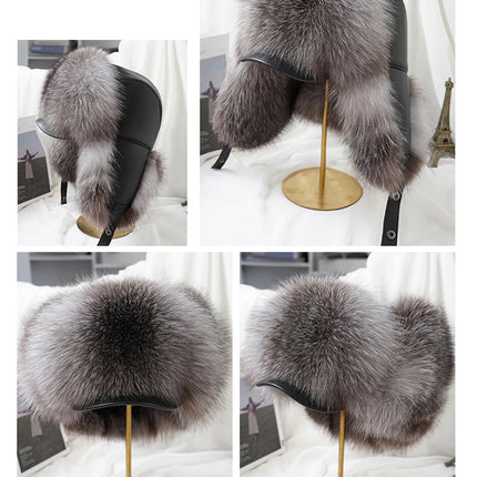 New Winter Men's 100% Real Silver Fox Fur Bomber Hat Raccoon Fur Ushanka Cap Trapper Russian Man Ski Hats Caps Real Leather