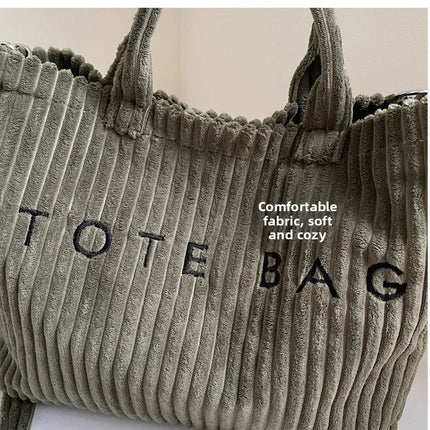 Large Capacity Striped Velvet Handbag Shoulder Bag for Woman Handbags Crossbody Bags, Versatile Letter Corduroy Women's Tote Bag PlatiNum