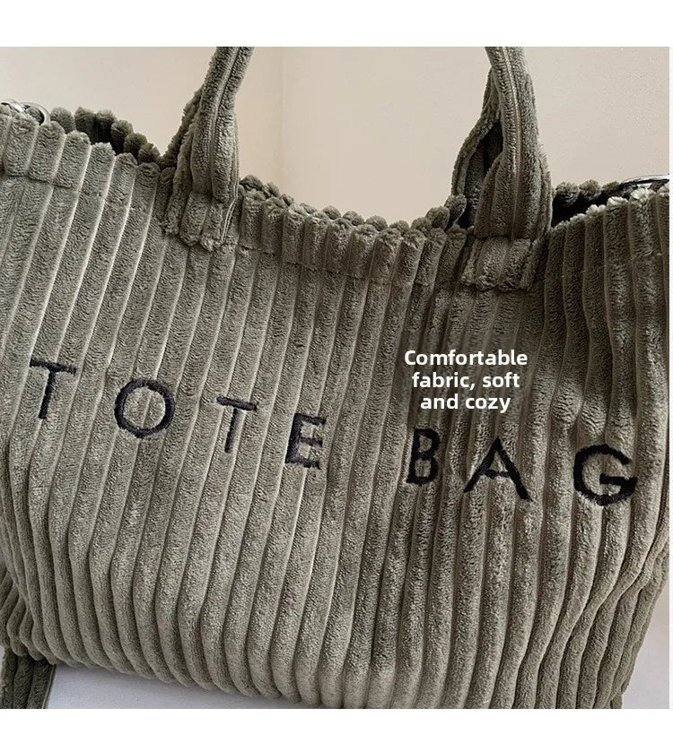 Large Capacity Striped Velvet Handbag Shoulder Bag for Woman Handbags Crossbody Bags, Versatile Letter Corduroy Women's Tote Bag PlatiNum