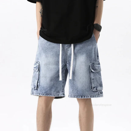 Pantaloncini di jeans alla moda retrò estivi per uomo Jeans corti multitasche larghi con gamba dritta con elastico in vita e coulisse da uomo