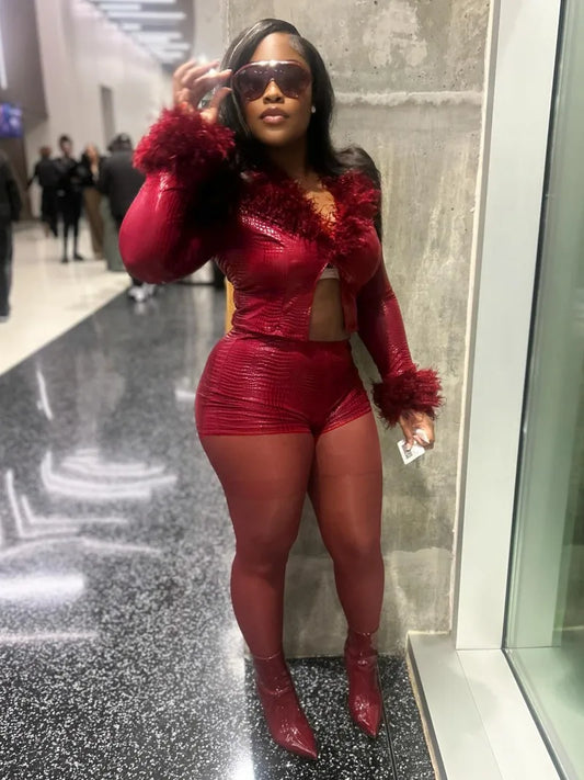 Women Fashion Gilding PU Leather 2 Piece Set Furry Patchwork Long Sleeve Jackets Crop Tops + Shorts Casual Slim Matching Suits