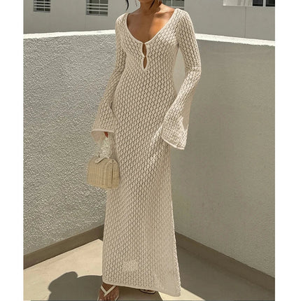 Nuovo stile lavorato a maglia scava fuori scollo a V abito a maniche lunghe da donna vacanza al mare bikini senza schienale copricostume protezione solare abito lungo platinumshop