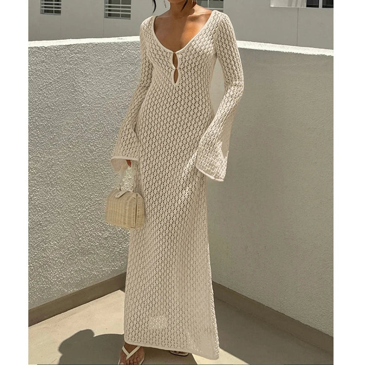 Nuovo stile lavorato a maglia scava fuori scollo a V abito a maniche lunghe da donna vacanza al mare bikini senza schienale copricostume protezione solare abito lungo platinumshop