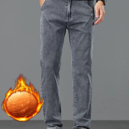 Thick Warm Slim Fleece Jeans Men's Winter New Business Stretch Velvet  Trousers Korean Gray Plush Denim Pants Male