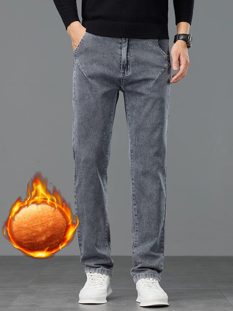 Thick Warm Slim Fleece Jeans Men's Winter New Business Stretch Velvet  Trousers Korean Gray Plush Denim Pants Male