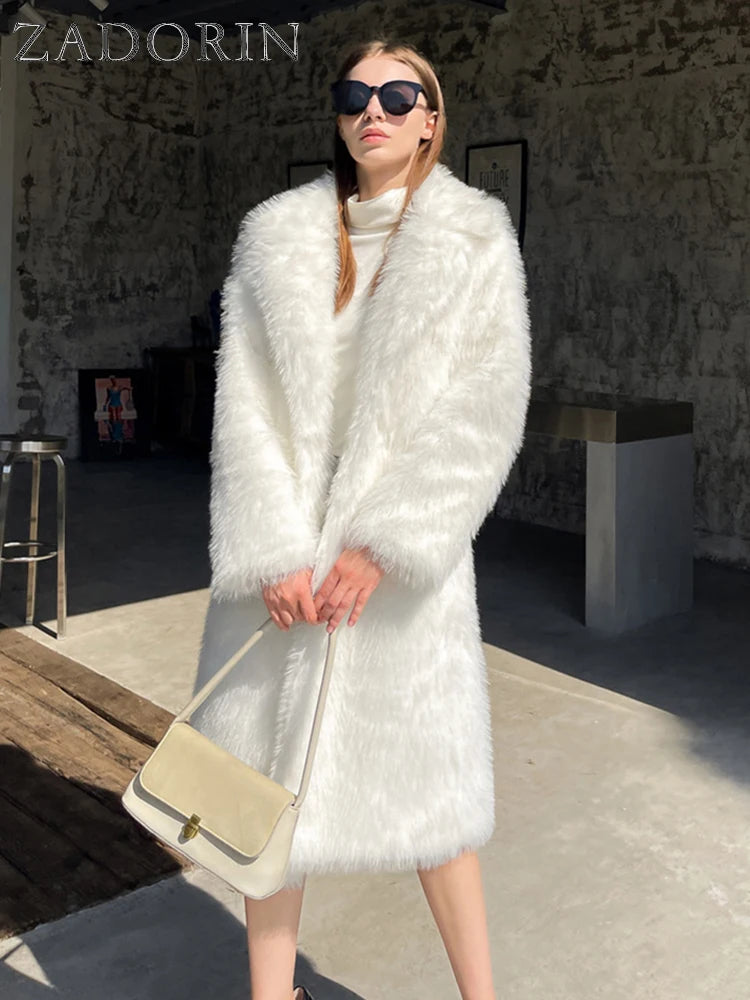 ZADORIN Winter Fluffy Jacket Women Solid Lapel Long Faux Fox Fur Coat Ladies Furry Warm Pink White Jacket Trench Coats Tops