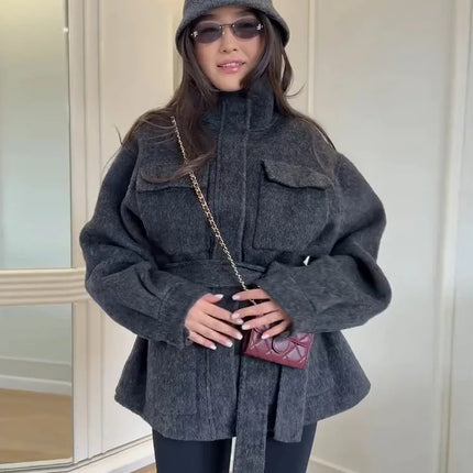 Casual Solid Woolen Loose Coats Women Belt Stand Collar Full Sleeve Zippers Lace Up Coat Female 2026 Autumn Lady Outwears