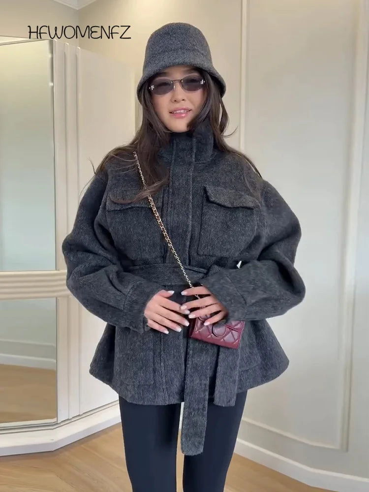 Casual Solid Woolen Loose Coats Women Belt Stand Collar Full Sleeve Zippers Lace Up Coat Female 2026 Autumn Lady Outwears