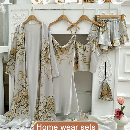 4PC Abito di seta Abito da notte Pigiama di raso di pizzo da donna Abito con scollo a V Cami Camicie da notte Indossare Pijama Home Nightwear Camicia da notte primaverile