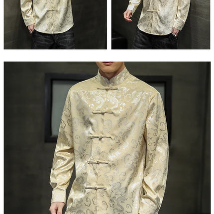 Giacca Tang di alta qualità da uomo camicetta con colletto alla coreana in argento elegante abbigliamento cinese rosso camicie Casual da uomo in raso di seta blu di grandi dimensioni