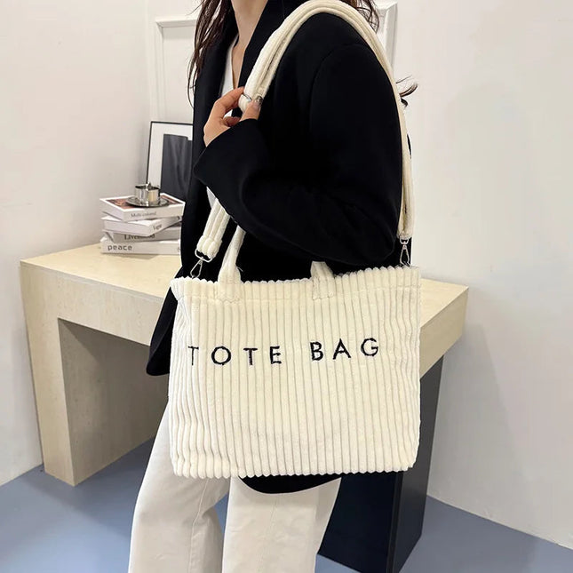 Simple Letter Soft Corduroy Shoulder Bags for Women Versatile Large Capacity Ladies Crossbody Bag Portable Female Handbags Tote PlatiNum