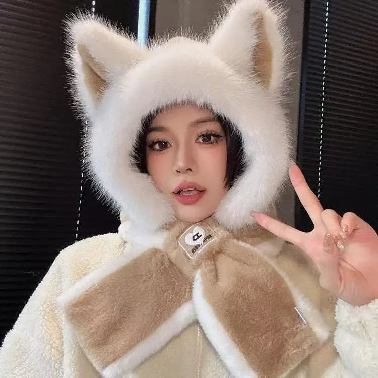 Women's Hat Beanie Balaclava Winter Cap Winter Women's Cute Thickened Fox Plush Hat Scarf Glove Three-in-one Cycling Warmth