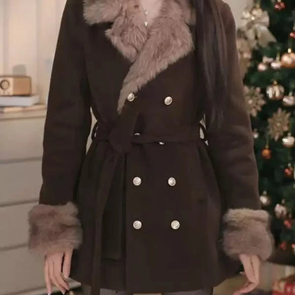 Winter Korean Fashion Wool Coat for Women Slim Fit Double Breasted Belted Fur Collar Jacket Elegant Chic Warm Long Outerwear