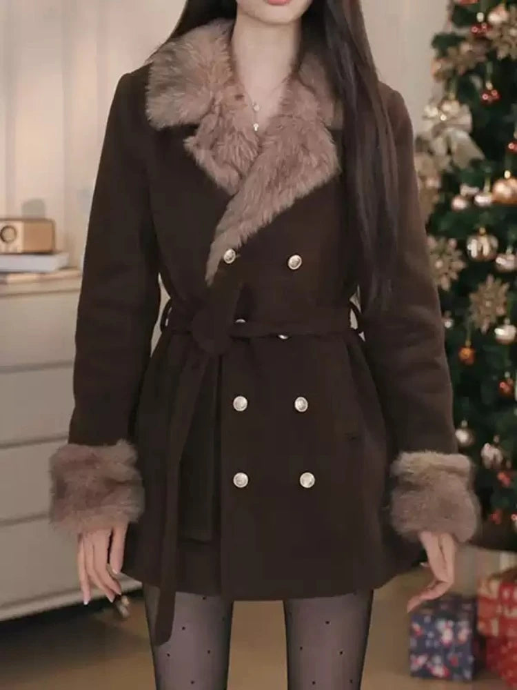 Winter Korean Fashion Wool Coat for Women Slim Fit Double Breasted Belted Fur Collar Jacket Elegant Chic Warm Long Outerwear