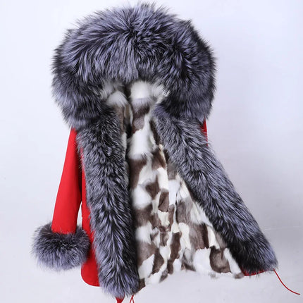 Winter Long Jacket Real Fur Coat Women Clothes Large Silver Fox Fur Collar Detachable Natural Fox Lining Parkas Leather Fur