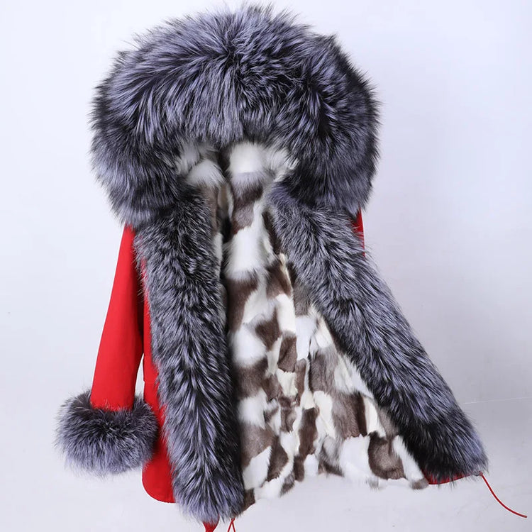Winter Long Jacket Real Fur Coat Women Clothes Large Silver Fox Fur Collar Detachable Natural Fox Lining Parkas Leather Fur