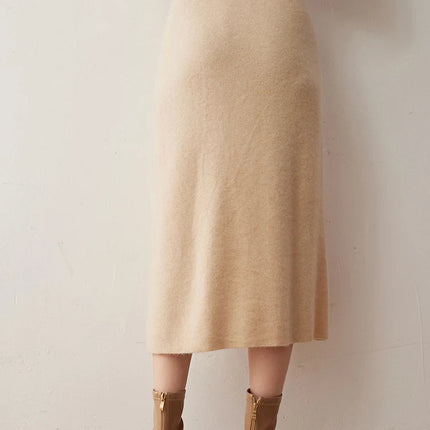 Women's 100% Cashmere Skirts Office Lady Autumn Winter Basic Fit Knitted High Waist Straight Skirt Graceful Long Warm Soft Dress PlatiNum