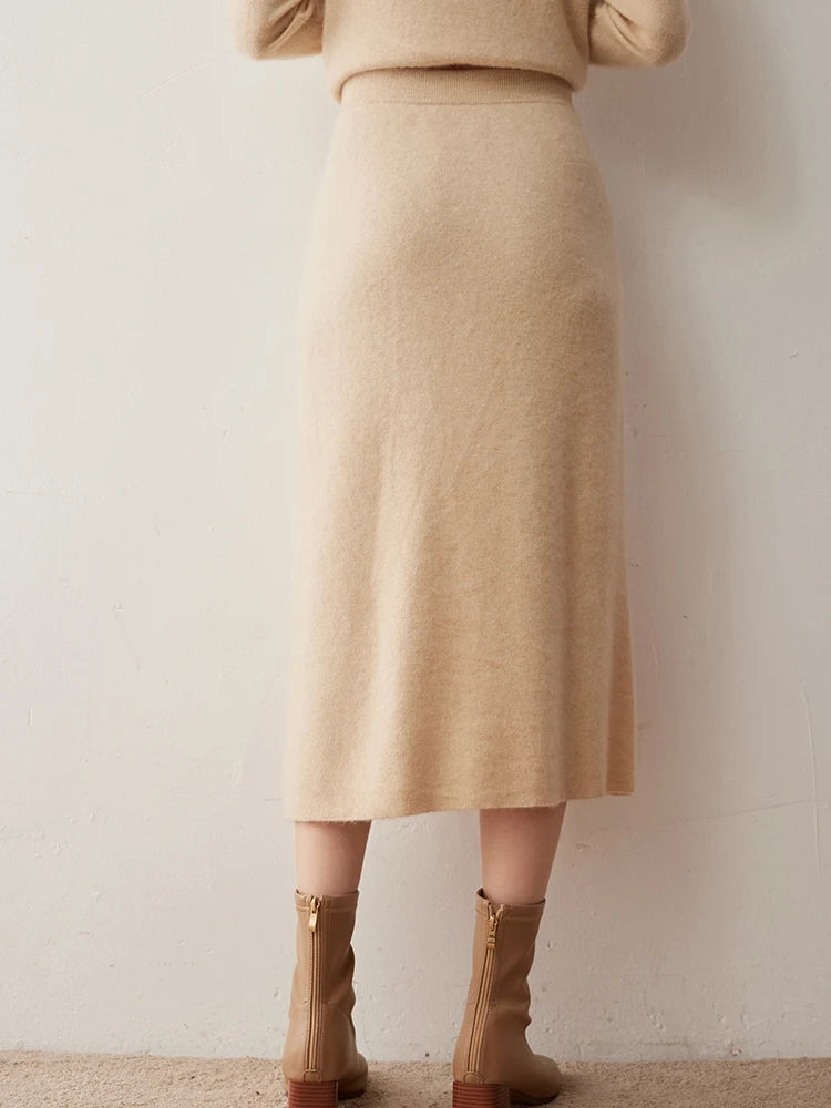 Women's 100% Cashmere Skirts Office Lady Autumn Winter Basic Fit Knitted High Waist Straight Skirt Graceful Long Warm Soft Dress PlatiNum