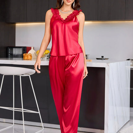 Nuovo set pigiama da donna casual e comodo con scollo a V in pizzo tinta unita