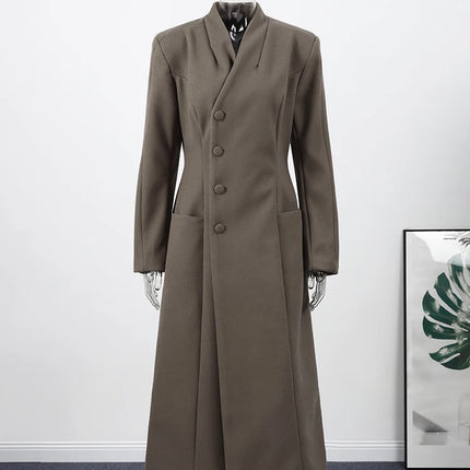 Women's Long Coat Slim V Neck Single Breasted Overcoats Shoulder Pad Maxi Jackets with Belt 2025 New Winter Lady Commute Outwear