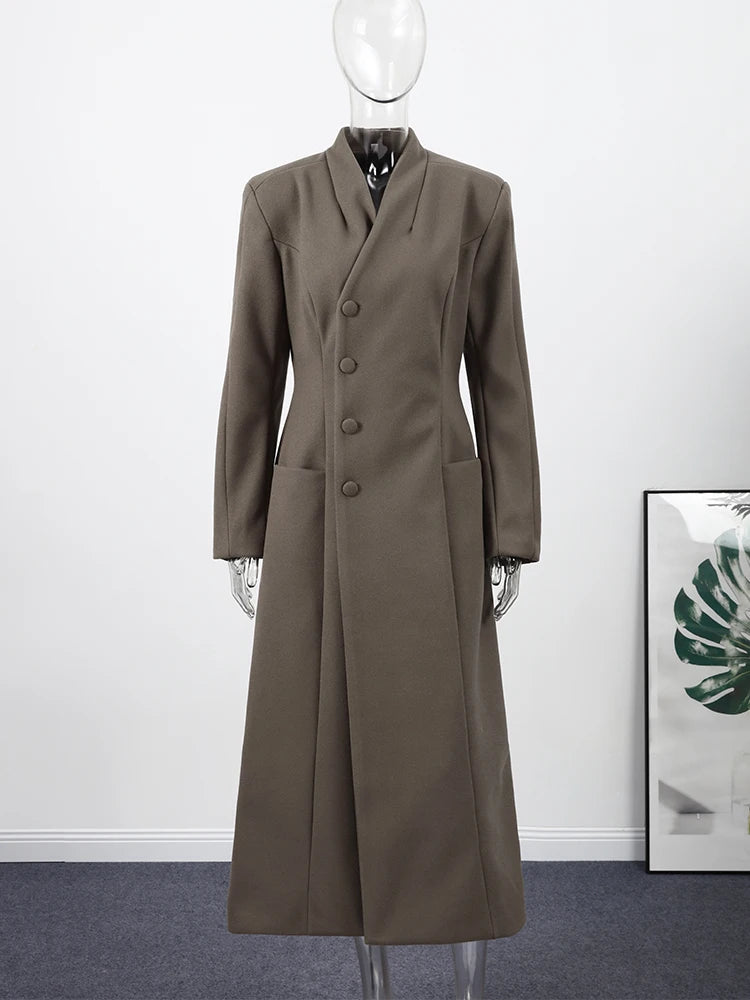 Women's Long Coat Slim V Neck Single Breasted Overcoats Shoulder Pad Maxi Jackets with Belt 2025 New Winter Lady Commute Outwear