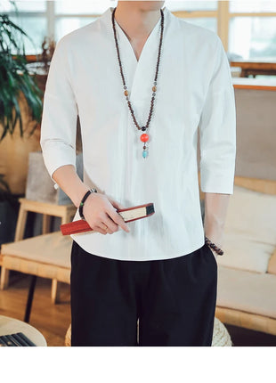 Kimono estivo stile giapponese manica corta uomo nuovo cotone a mezza manica lino traspirante abbigliamento uomo t-shirt giapponese Yukata top