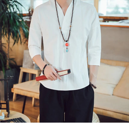 Kimono estivo stile giapponese manica corta uomo nuovo cotone a mezza manica lino traspirante abbigliamento uomo t-shirt giapponese Yukata top