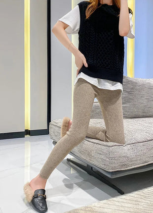 Autumn Winter Women Wool Thickening Leggings High Waist Ribbed Vertical Stripe Casual Knitted Leggings Warm Wear out Pantyhose PlatiNum