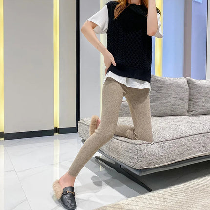 Autumn Winter Women Wool Thickening Leggings High Waist Ribbed Vertical Stripe Casual Knitted Leggings Warm Wear out Pantyhose PlatiNum